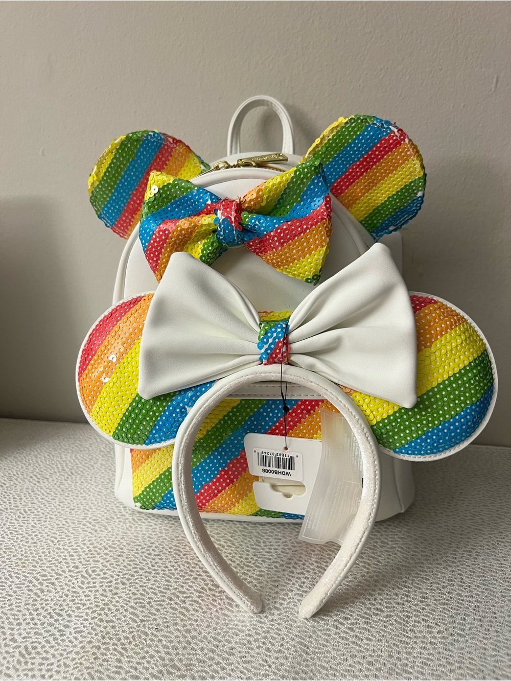 Loungefly Disney Minnie Mouse Rainbow Sequin Mini Backpack + Ears Headband
